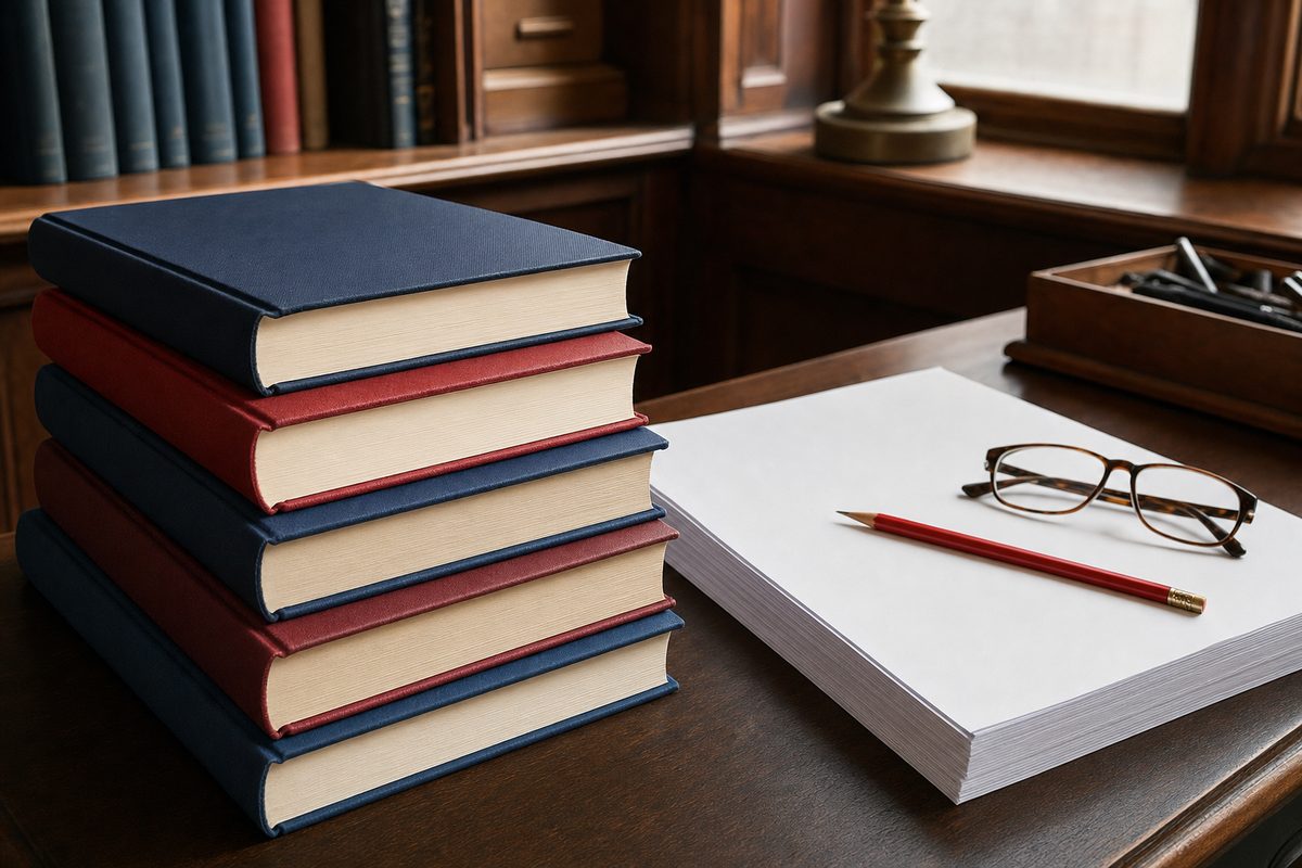 Teanc de cărți cu coperți simple, lângă un manuscris tipărit și un creion roșu de redactare