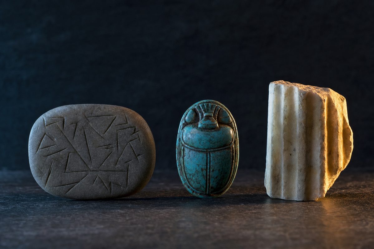 Piatră gravată, amuletă scarabeu și fragment de coloană de marmură pe ardezie, în lumină rece